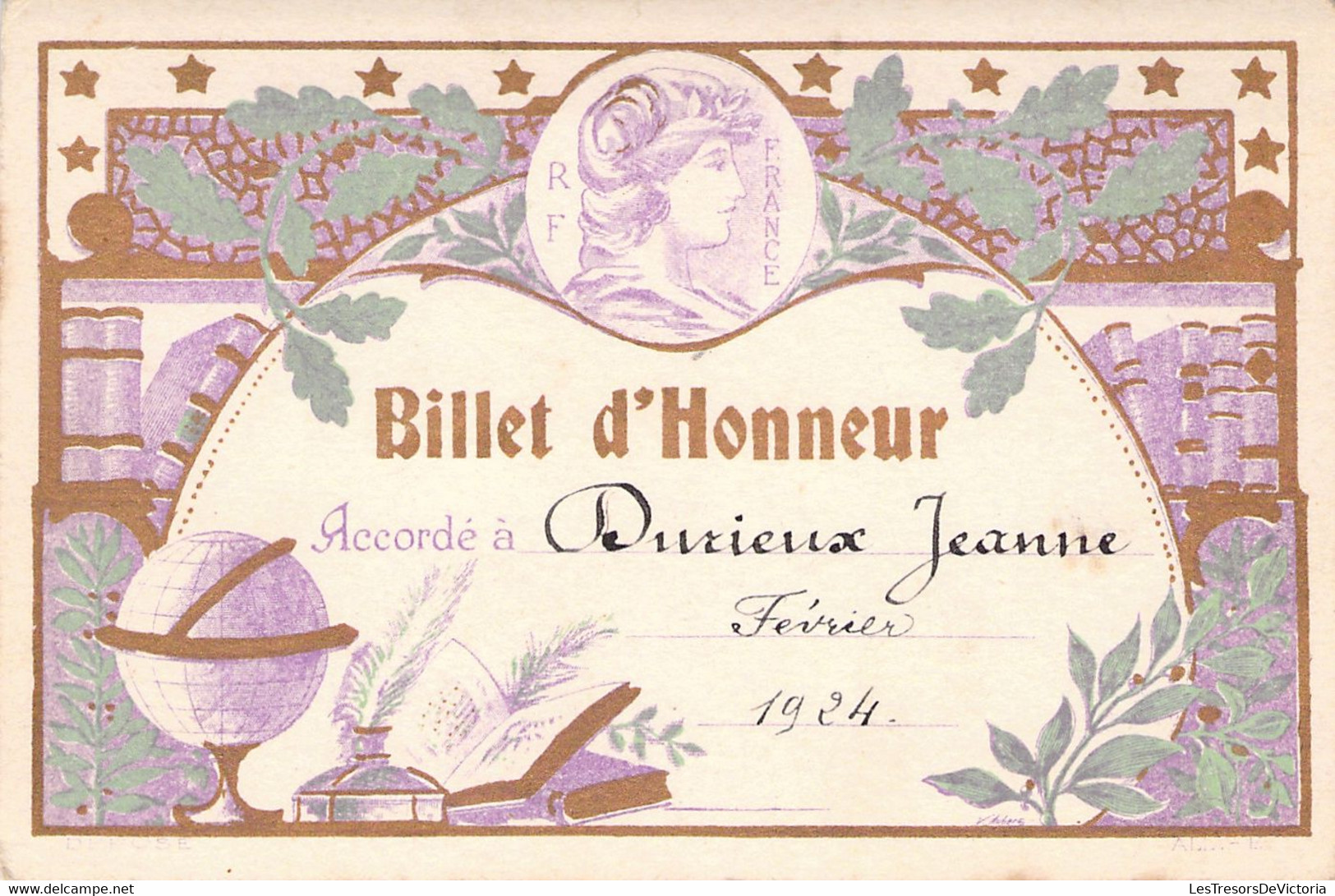 Lot De 4 Billets D'Honneur Accordé à Durieux Jeanne En 1924 - M Fontaine - France - BAISSE DE PRIX -50% - Diplomi E Pagelle