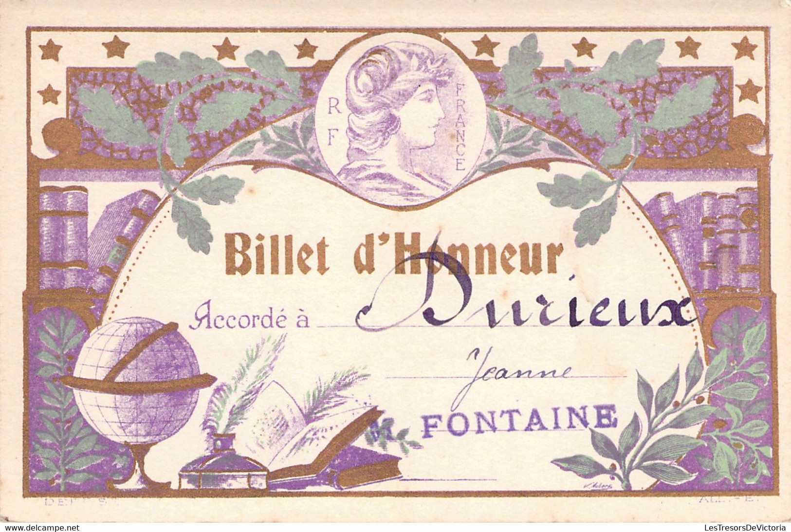 Lot De 4 Billets D'Honneur Accordé à Durieux Jeanne En 1924 - M Fontaine - France - BAISSE DE PRIX -50% - Diplomas Y Calificaciones Escolares