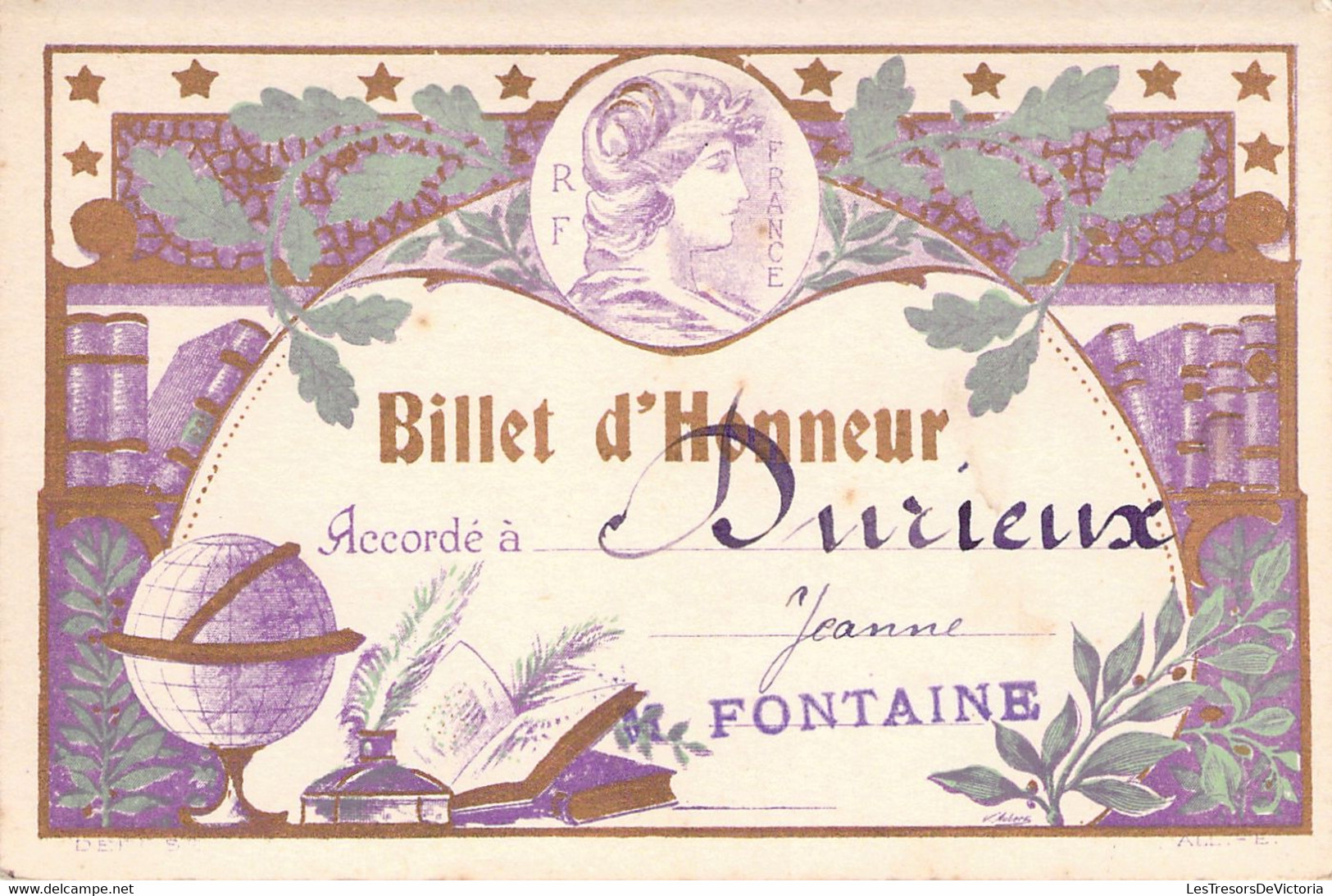Lot De 4 Billets D'Honneur Accordé à Durieux Jeanne En 1924 - M Fontaine - France - BAISSE DE PRIX -50% - Diplomi E Pagelle