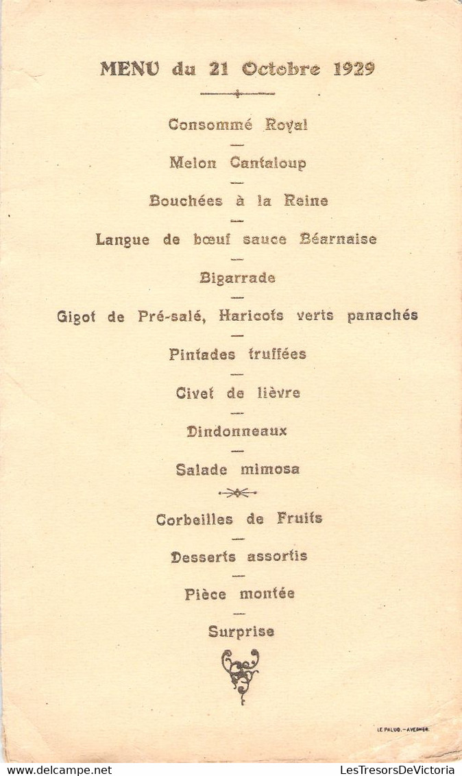 Menu Mr Ernest Vitrant - Menu Du 21 Octobre 1929 - Impression Dorure - Menú