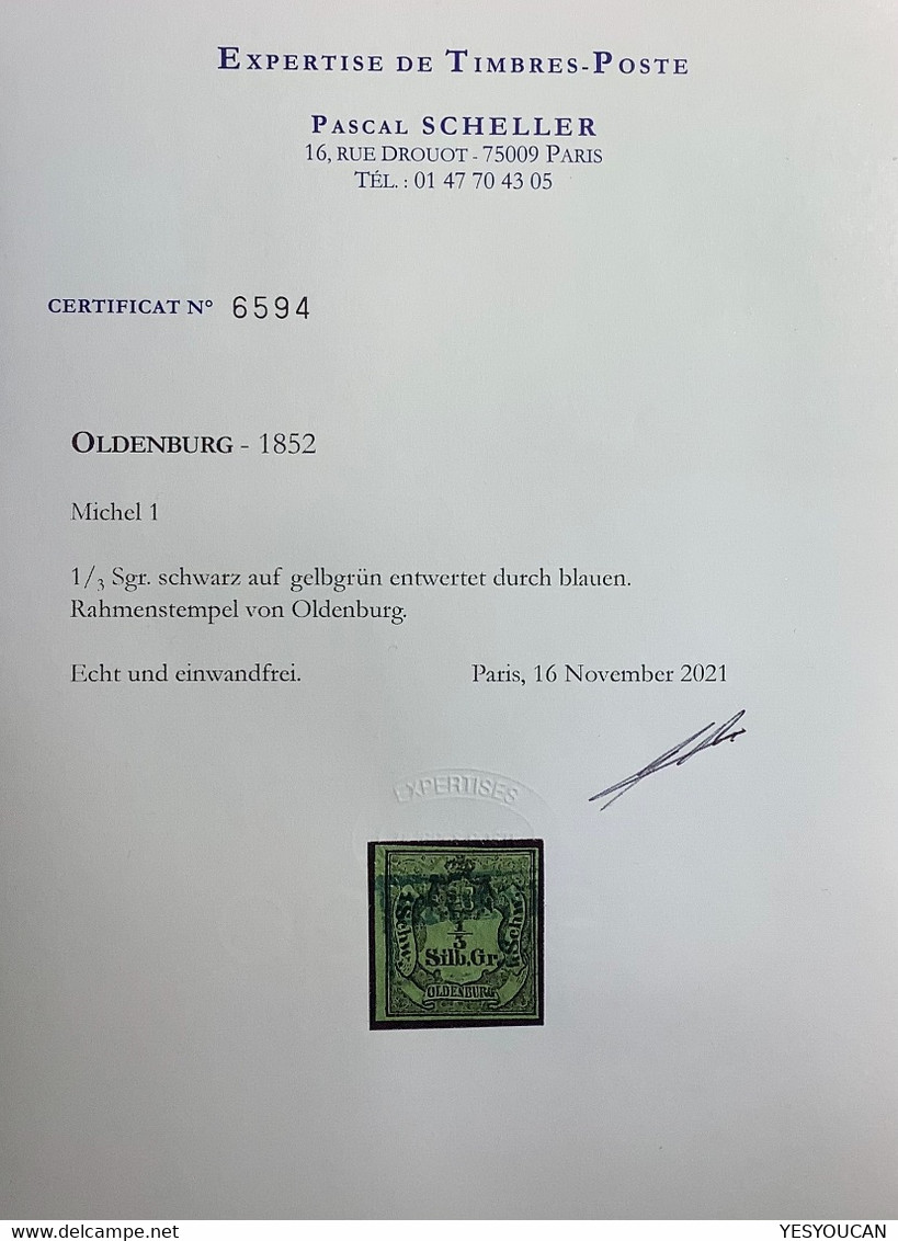 CERT SCHELLER: Oldenburg 1852 Yv 1 = 1500€, 1/3 Sgr VERY FINE USED Signed Zumstein (TB RARE 1855 - Oldenburg