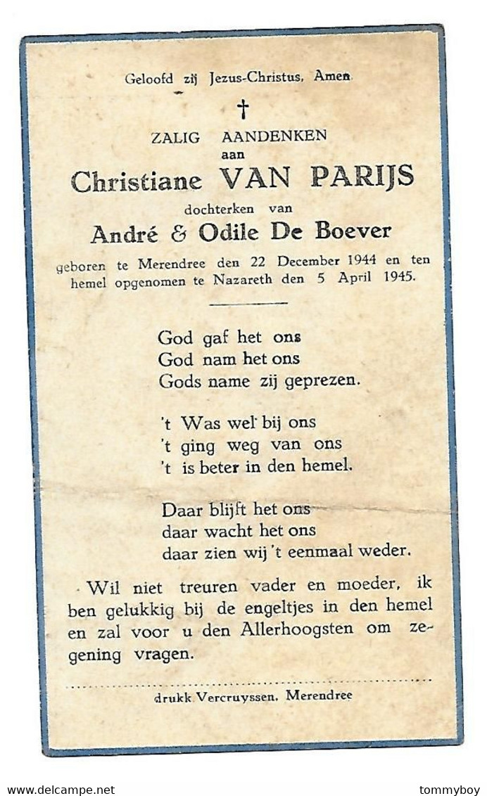 Christiaene Van Parijs, Merendree 1944 - Nazareth 1945 (vouw In Midden) - Obituary Notices