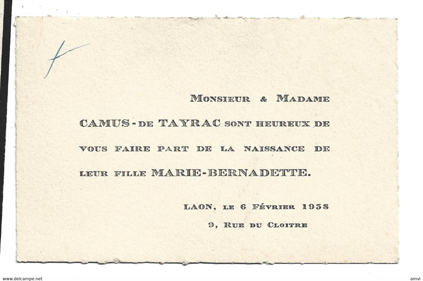 (4494)  Faire Part De Naissance MARIE BERNADETTE  CAMUS DE TAYRAC 1938 - Nacimiento & Bautizo
