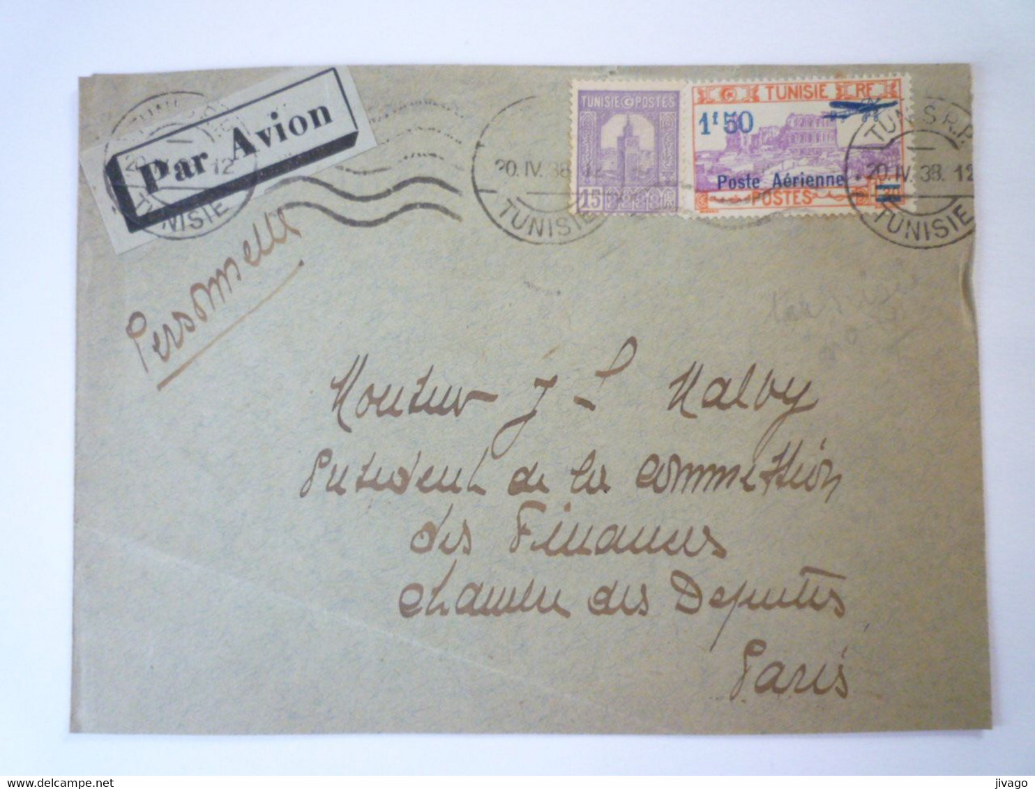 2021 - 4099  Enveloppe Au Départ De TUNIS R.P. à Destination De PARIS  1938   XXX - Luchtpost