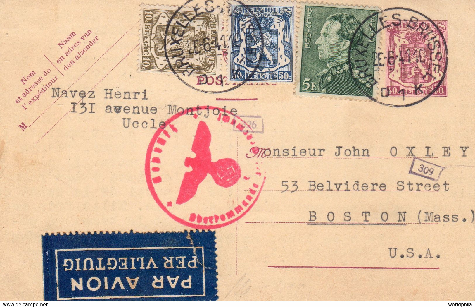 Belgium / Belgie-USA 1941 WWII Censore Red Mark Uprated Postal Card - German Occupation