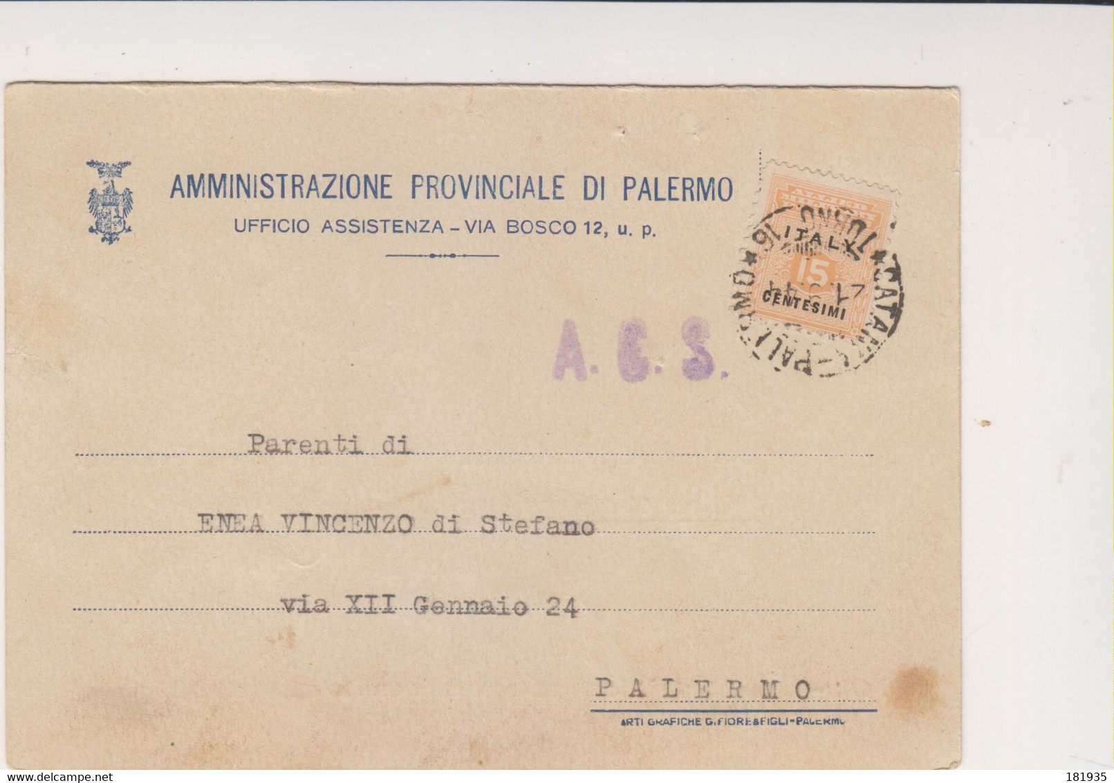 Amgot Card Affr Cm.15- Viaggiata Italy Italia - Occup. Anglo-americana: Sicilia