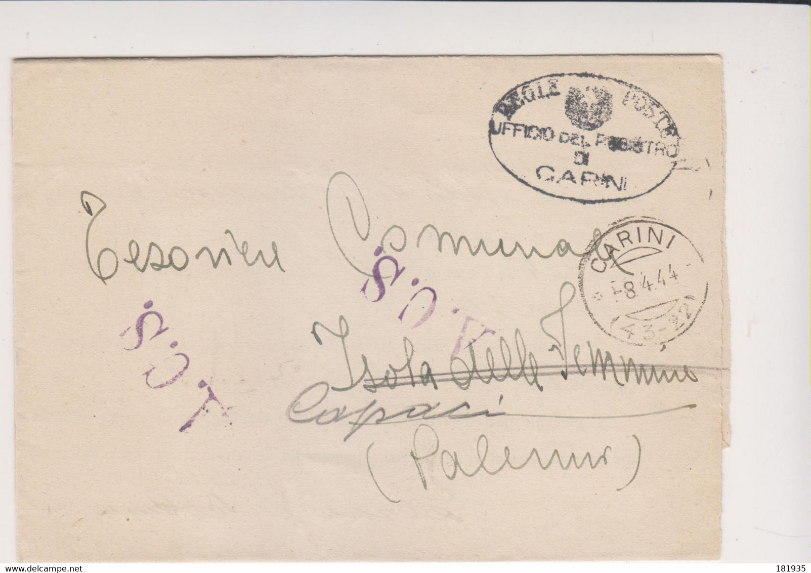 Amgot Franchigia Carini 8.4..1944- Viaggiata Italy Italia - Occup. Anglo-americana: Sicilia