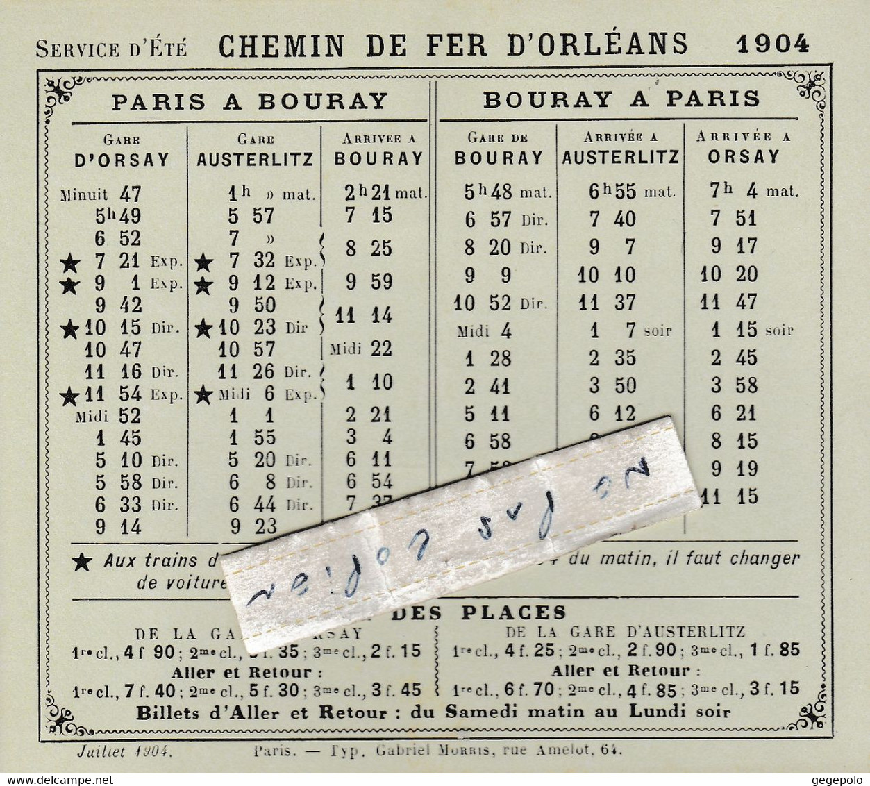 91 - BOURAY Sur JUINE ( France ) - Horaires Chemin De Fer De Juillet 1904 Pour Paris ( 12 Cm X 10,5 Cm ) - Europe