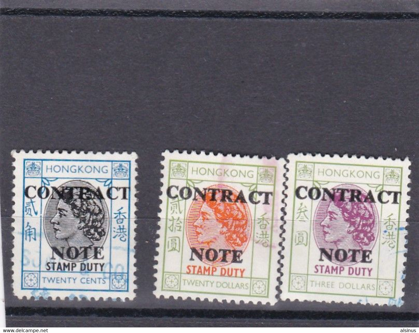 HONG-KONG - CONTRACT NOTE - STAMP DUTY - TWENTY CENTS - THREE DOLLARDS - TWENTY DOLLARDS - Stempelmarke Als Postmarke Verwendet