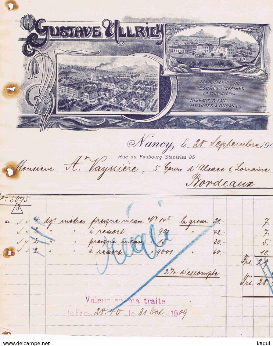 MEURTHE Et MOSELLE - NANCY - Gustave ULLRICH - Mesures Linéaires, Niveaux, Etc...35 Rue Du Faubourg Stanislas - 1909 - Sonstige & Ohne Zuordnung