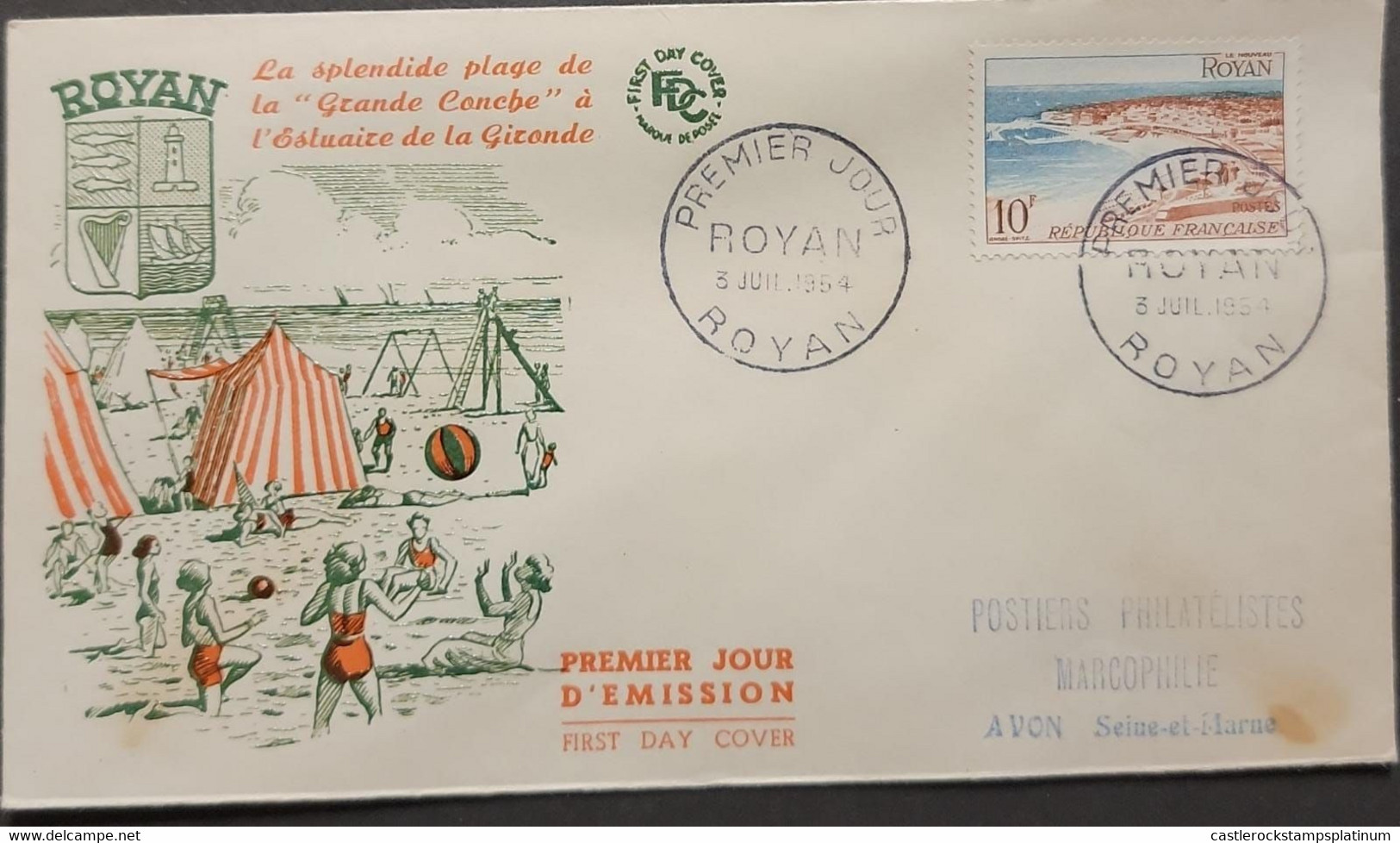 P) 1954 FRANCE, FDC, NEW DAILY OF ROYAN STAMP, BEACH LA GRANDE CONCHE, TOURISM, NEW DAILY STAMP, XF - Otros & Sin Clasificación