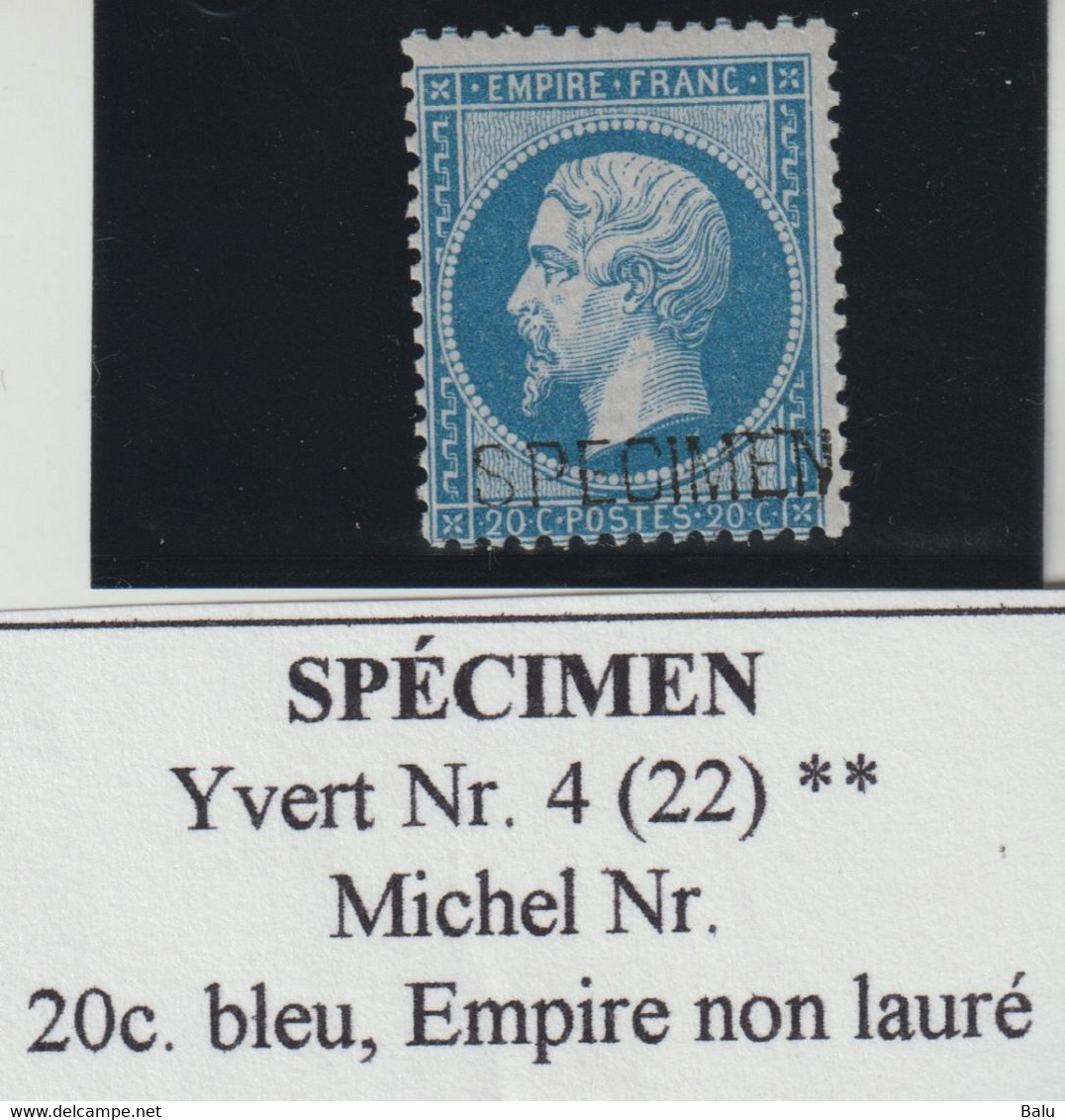 Frankreich SPÉCIMEN Yvert 4 (22) ** Signé, NsC, MNH, Postfrisch, 20c. Empire Non Lauré, Michel Nr. 21 SP, 2 Scans - Specimen