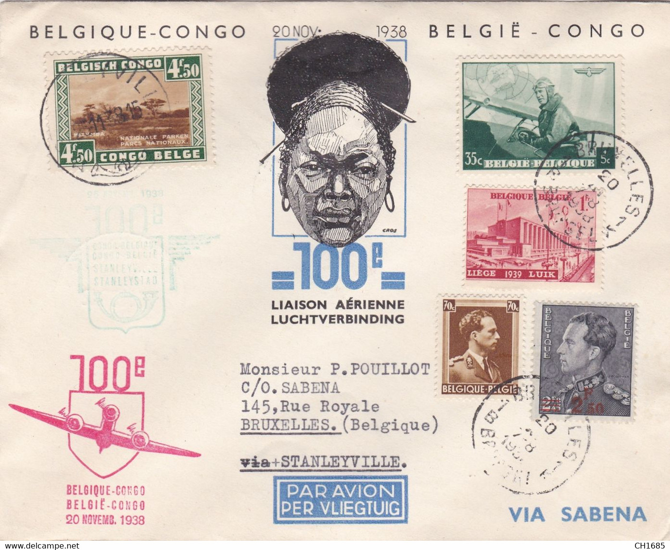 Congo Belge : Lettre Du 100ème Anniversaire De La Liaison Aérienne Belgique Congo 20 Novembre 1938 Par Sabena - Storia Postale