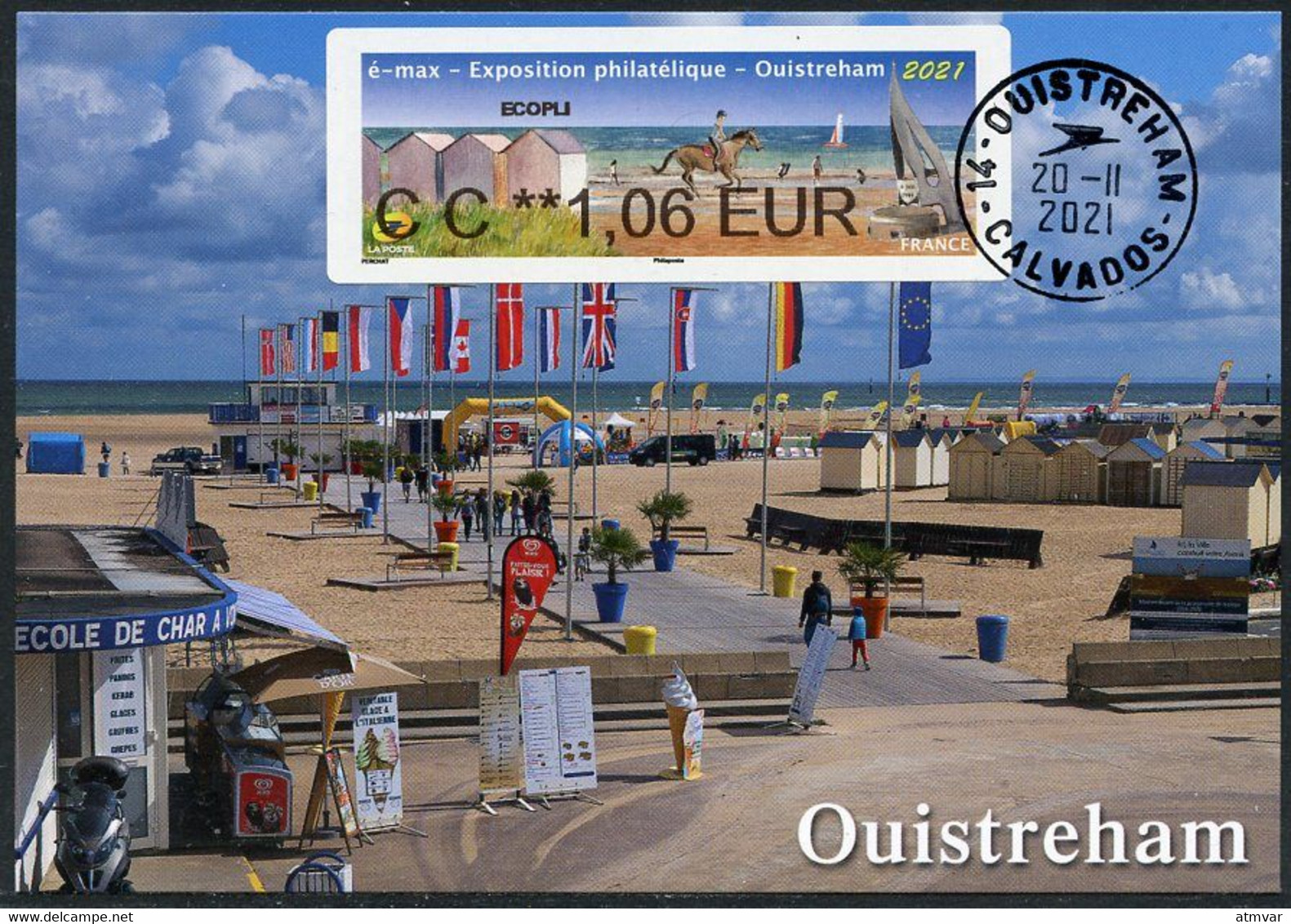 FRANCE (2021) Carte Maximum Card ATM LISA é-max Exposition Philatélique Ouistreham - Plage, Cabines, Horse, Cheval, Flag - 2020-…