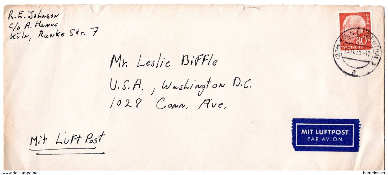 L55374 - Bund - 1959 - 80Pfg. Heuss II EF A. LpBf. KOELN -> Washington, DC (USA) - Storia Postale