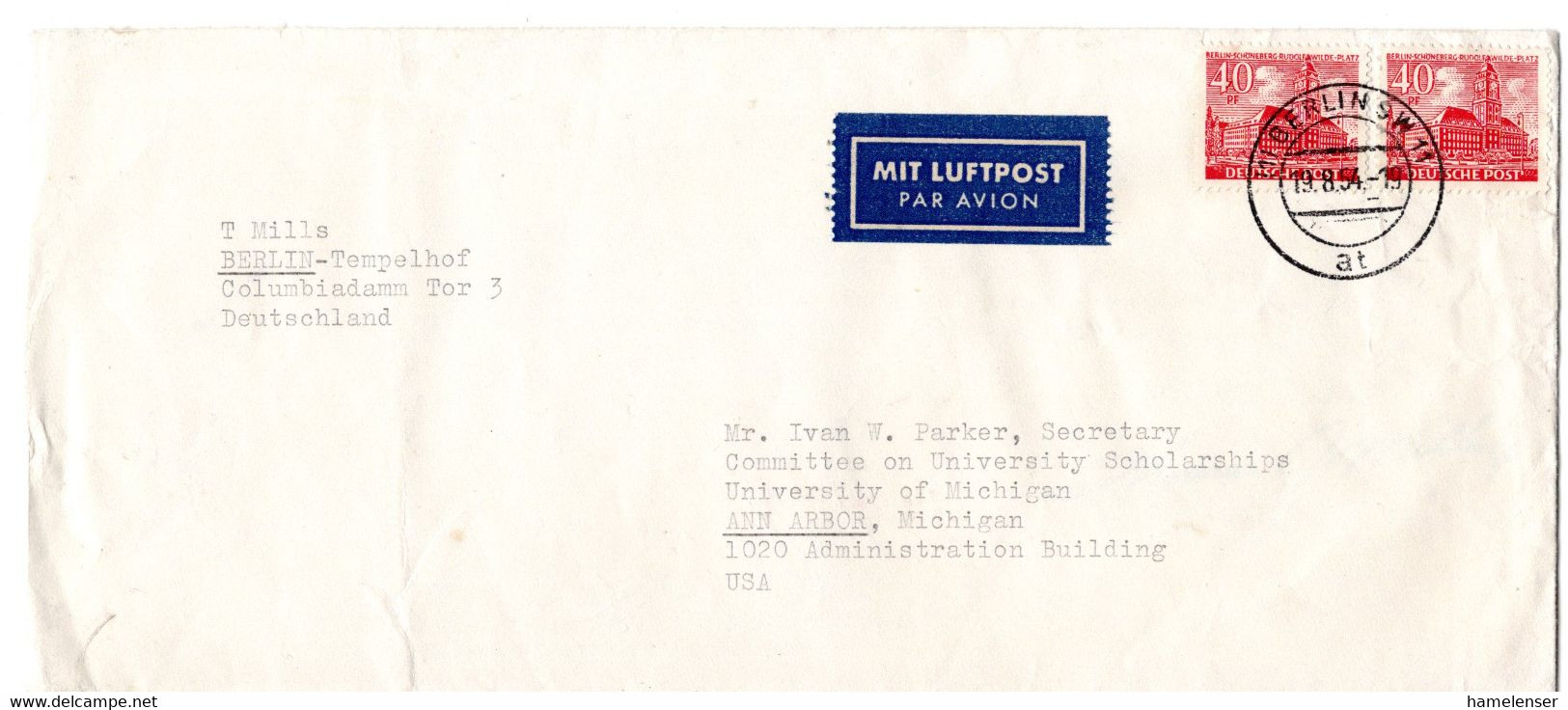 L55375 - Berlin - 1954 - 2@40Pfg Bauten A. LpBf. BERLIN -> Ann Arbor, MI (USA) - Cartas & Documentos
