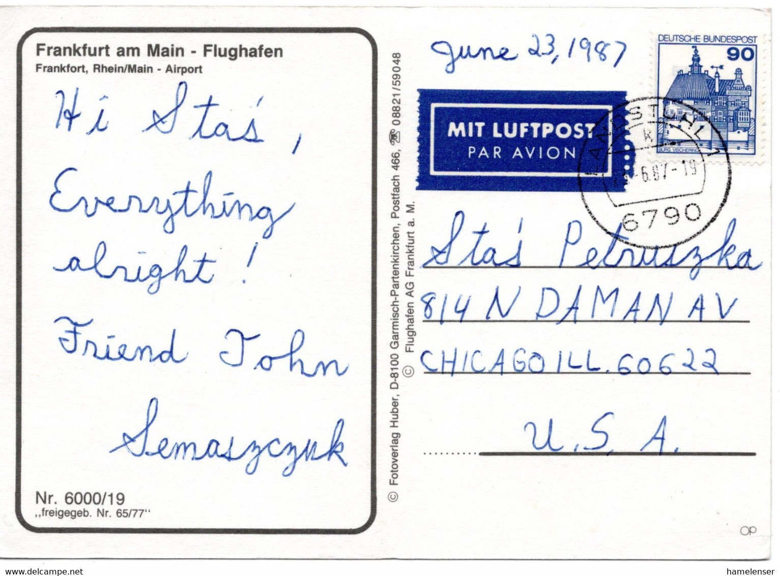 55378 - Bund - 1987 - 90Pfg. EF A. LpAnsKte. LANDSTUHL -> Chicago, IL (USA) - Briefe U. Dokumente