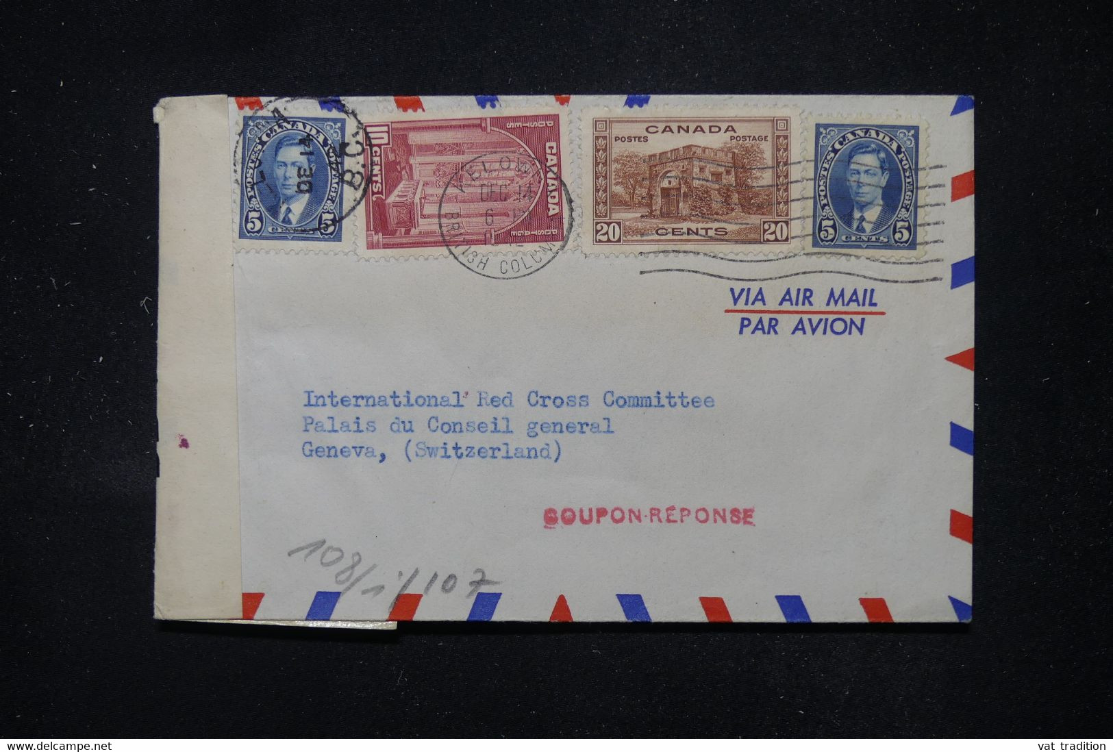 CANADA - Enveloppe De Kelowna Pour La Croix Rouge De Genève En 1942 Avec Contrôles Postaux - L 111176 - Storia Postale