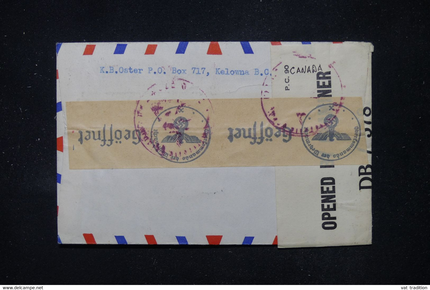 CANADA - Enveloppe De Kelowna Pour La Croix Rouge De Genève En 1942 Avec Contrôles Postaux - L 111176 - Cartas & Documentos