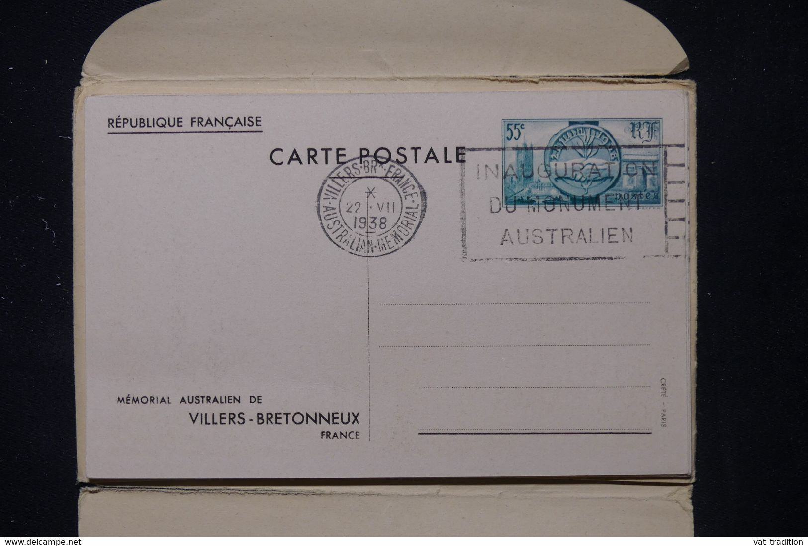 FRANCE -Pochette Avec Entiers Postaux Oblitérés Du Mémorial Australien De  Villers Bretonneux En 1938 - L 111177 - Standard- Und TSC-AK (vor 1995)