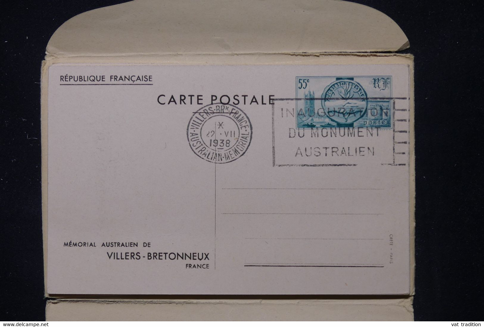 FRANCE -Pochette Avec Entiers Postaux Oblitérés Du Mémorial Australien De  Villers Bretonneux En 1938 - L 111177 - Standard- Und TSC-AK (vor 1995)