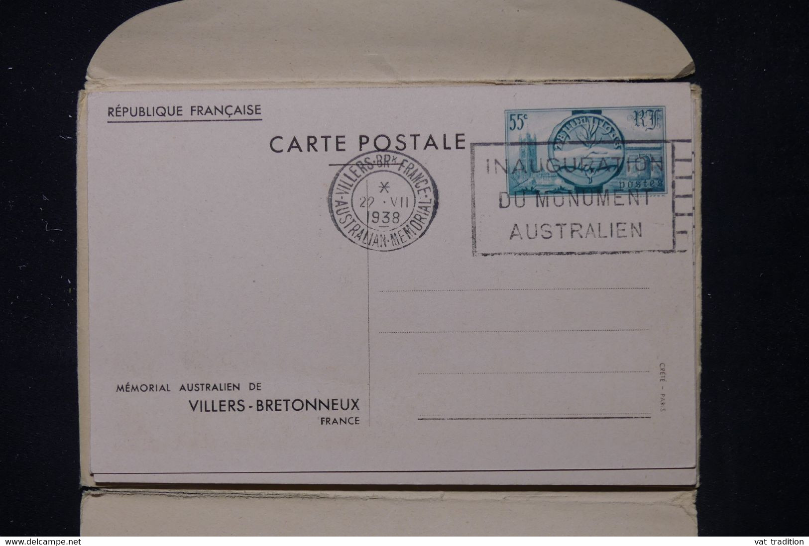 FRANCE -Pochette avec entiers postaux oblitérés du Mémorial Australien de  Villers Bretonneux en 1938 - L 111177