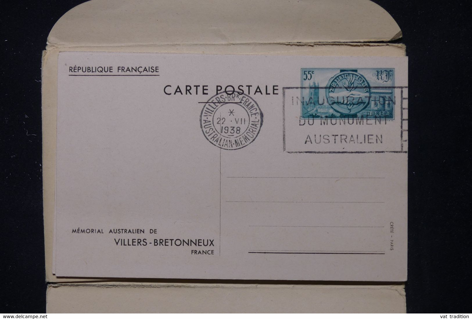 FRANCE -Pochette avec entiers postaux oblitérés du Mémorial Australien de  Villers Bretonneux en 1938 - L 111177