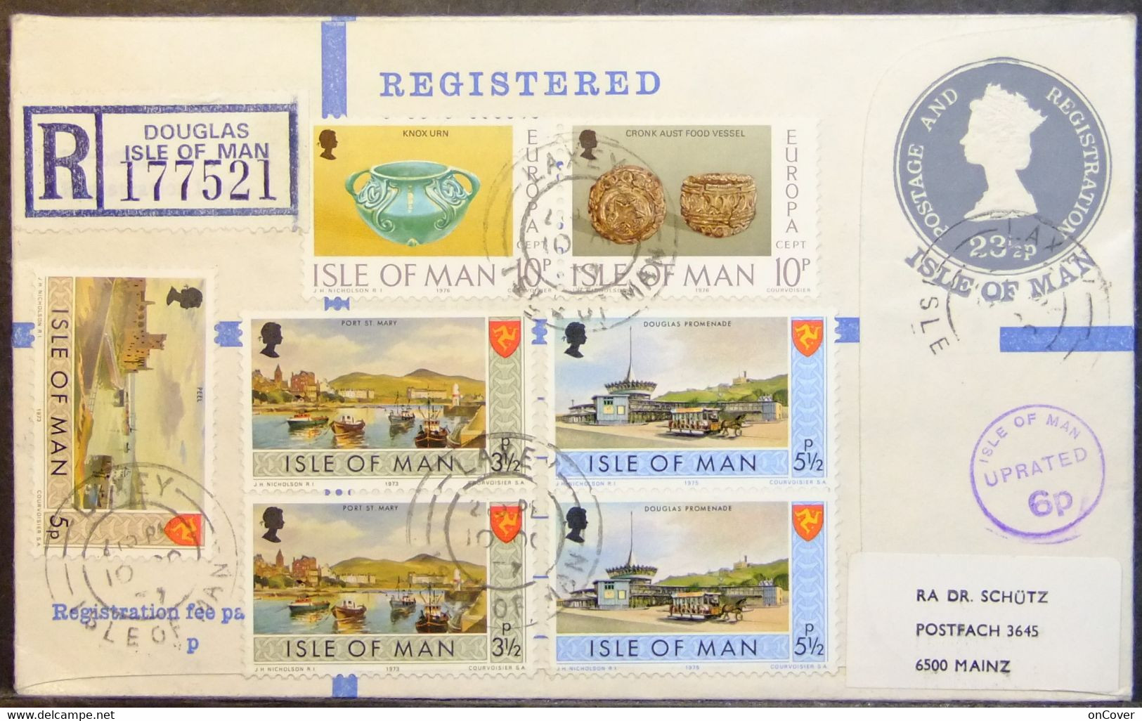 Man - Stamped Stationery Uprated Registered Cover To Germany 1977 Europa Archeology Tramway - Isle Of Man