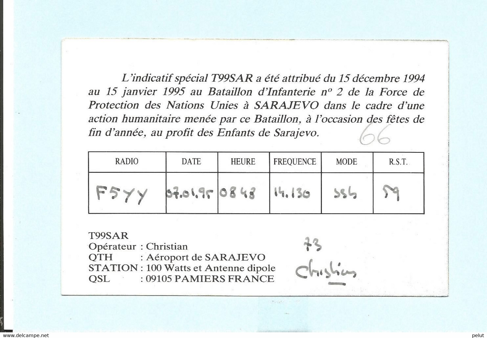 Carte Force De Protection Des Nations-Unies Sarajevo 1995 - Chasseurs Parachutistes - Radio