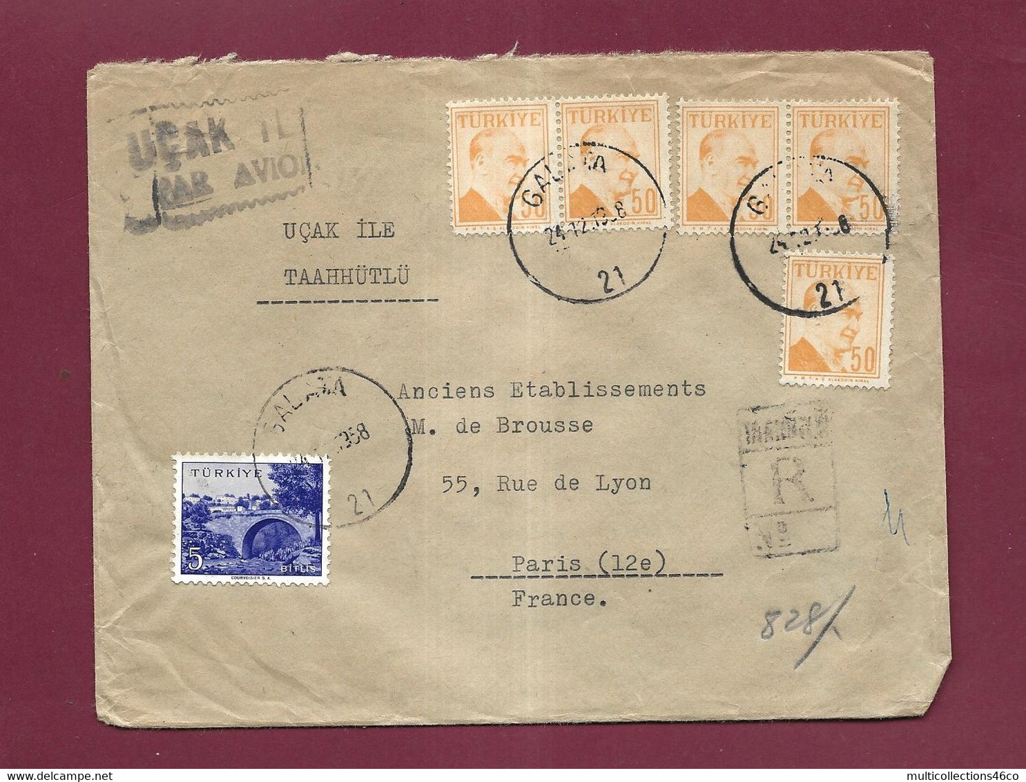 301121 - TURQUIE - Lettre Recommandée Affranchie Oblitérée GALATA  Pour La France  1958 - Storia Postale