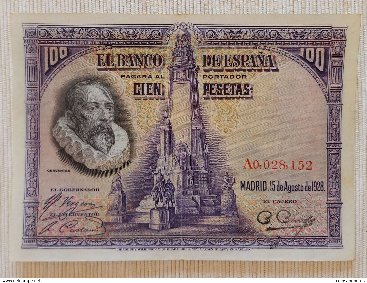 Spain 1928 - 100 Pesetas - ‘Cervantes’ - No A0,028,152 - P# 76a - Near Unc - 100 Pesetas