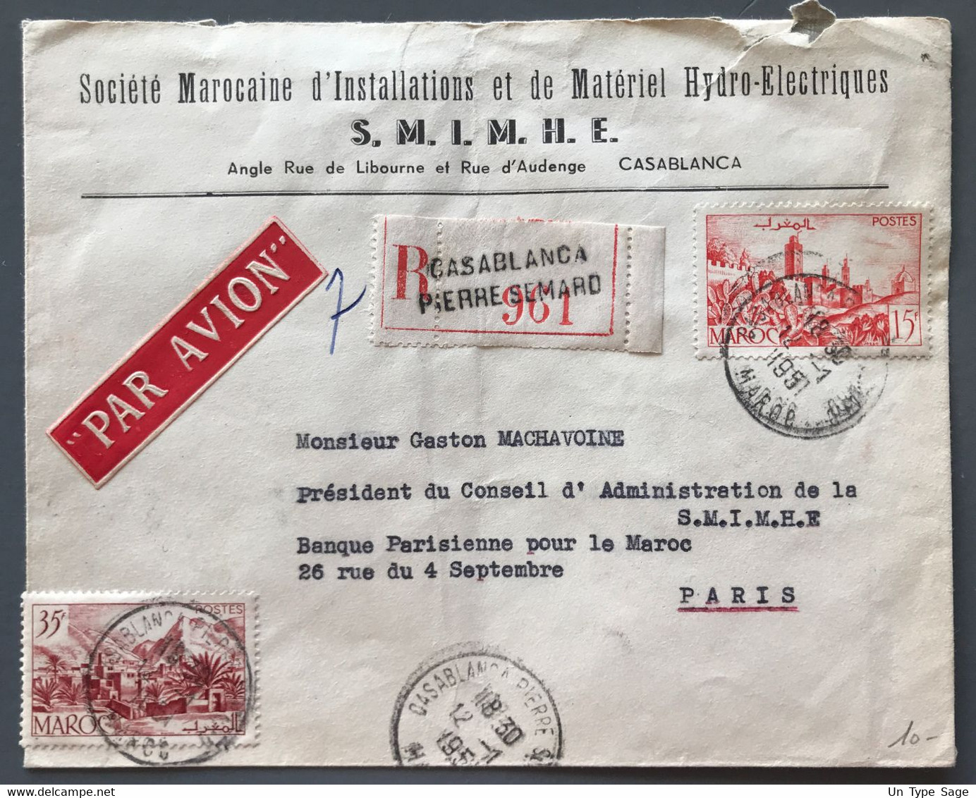 Maroc Divers Sur Enveloppe Recommandée TAD CASABLANCA PIERRE SEMARD 12.1.1951 Pour Paris - (B3404) - Cartas & Documentos