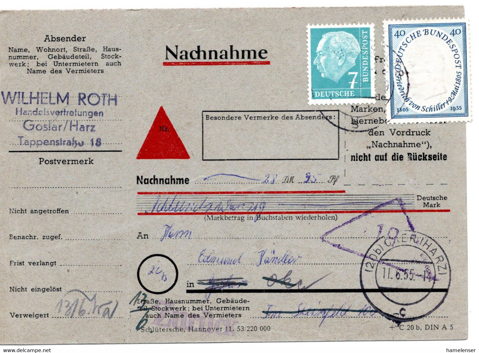 55419 - Bund - 1955 - 40Pfg. Schiller MiF A. NN-DrucksKte. GOSLAR -> OKER, Als "verweigert" Zurueck - Cartas & Documentos