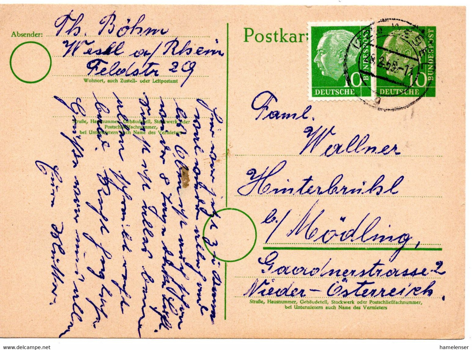 55421 - Bund - 1955 - 10Pfg. Heuss I GAKte. M. ZusFr. WESEL -> Oesterreich - Storia Postale