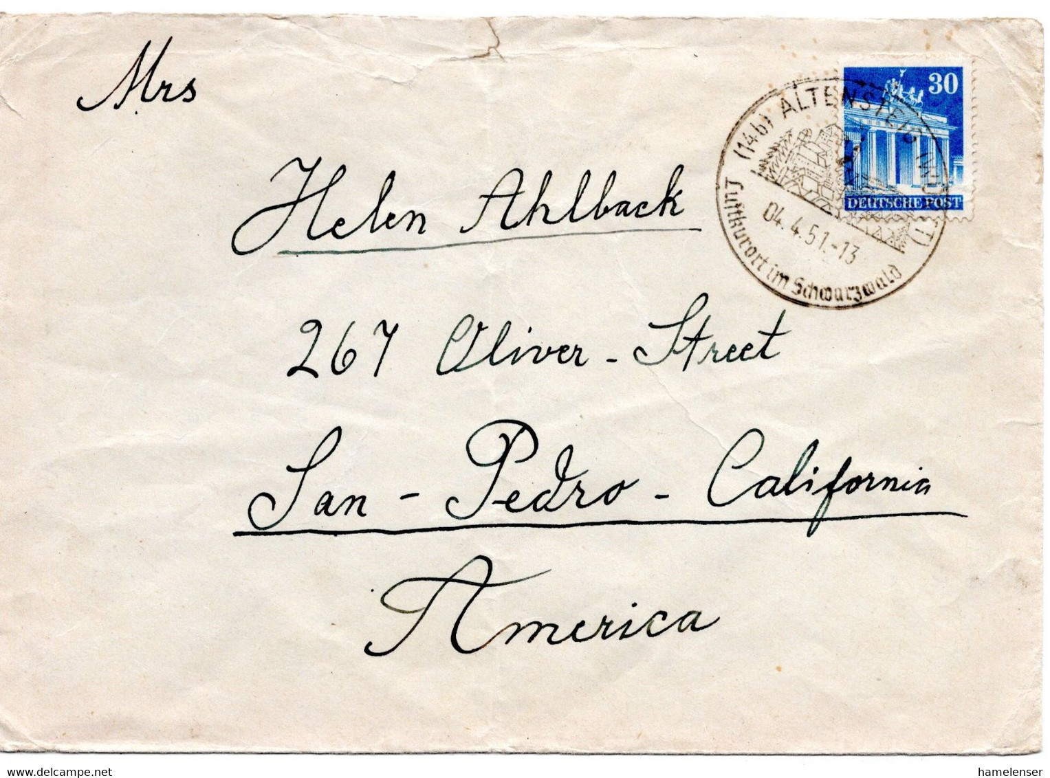 55422 - Bund - 1951 - 30Pfg. Bauten A. Bf. ALTENSTEIG -> San Pedro, CA (USA), Kl.Mgl. - Autres & Non Classés