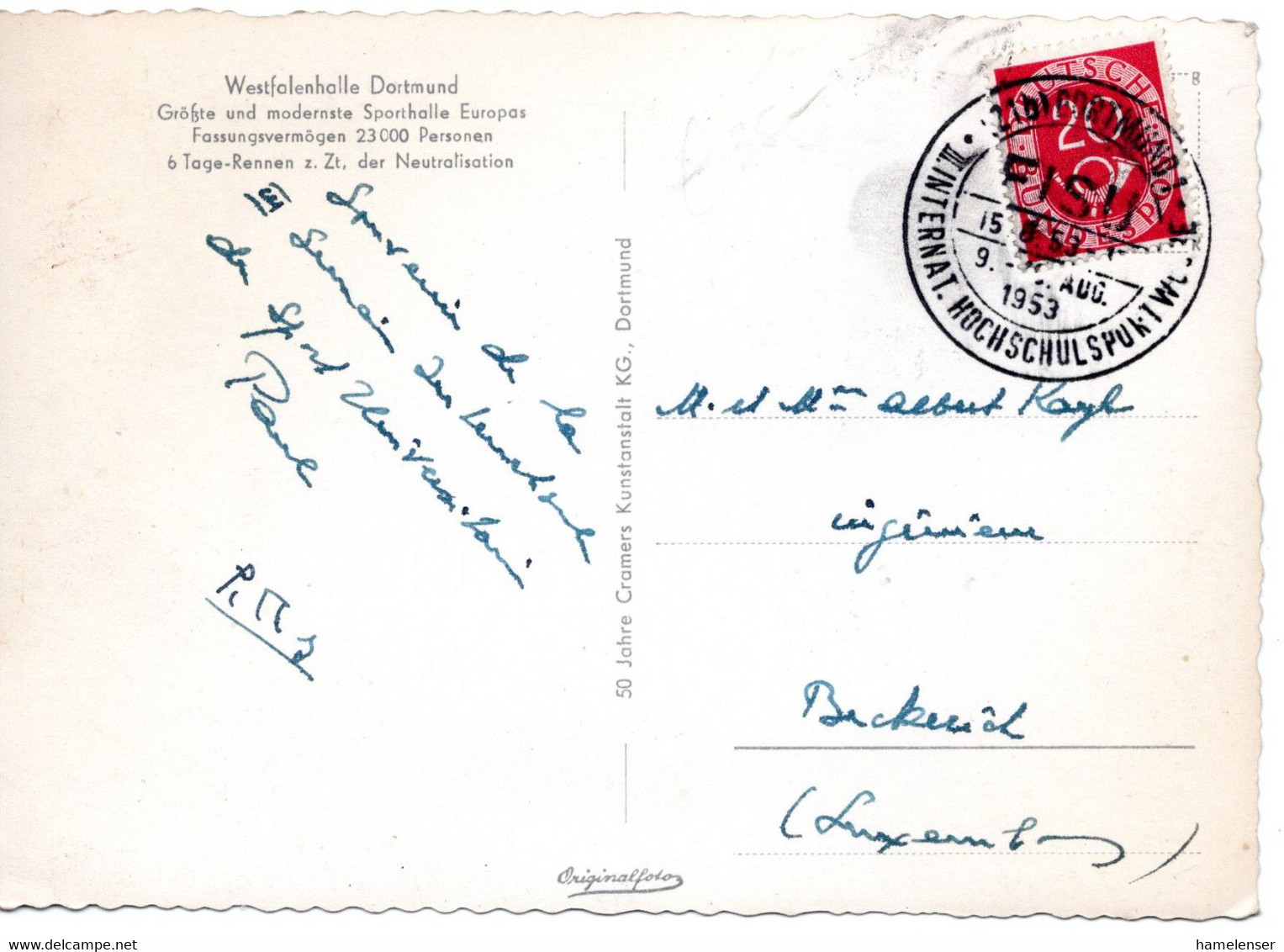55427 - Bund - 1953 - 20Pfg. Posthorn EF A. AnsKte. SoStpl. DORTMUND - III.INTERNAT. HOCHSCHULSPORTWOCHE -> Luxemburg - Brieven En Documenten