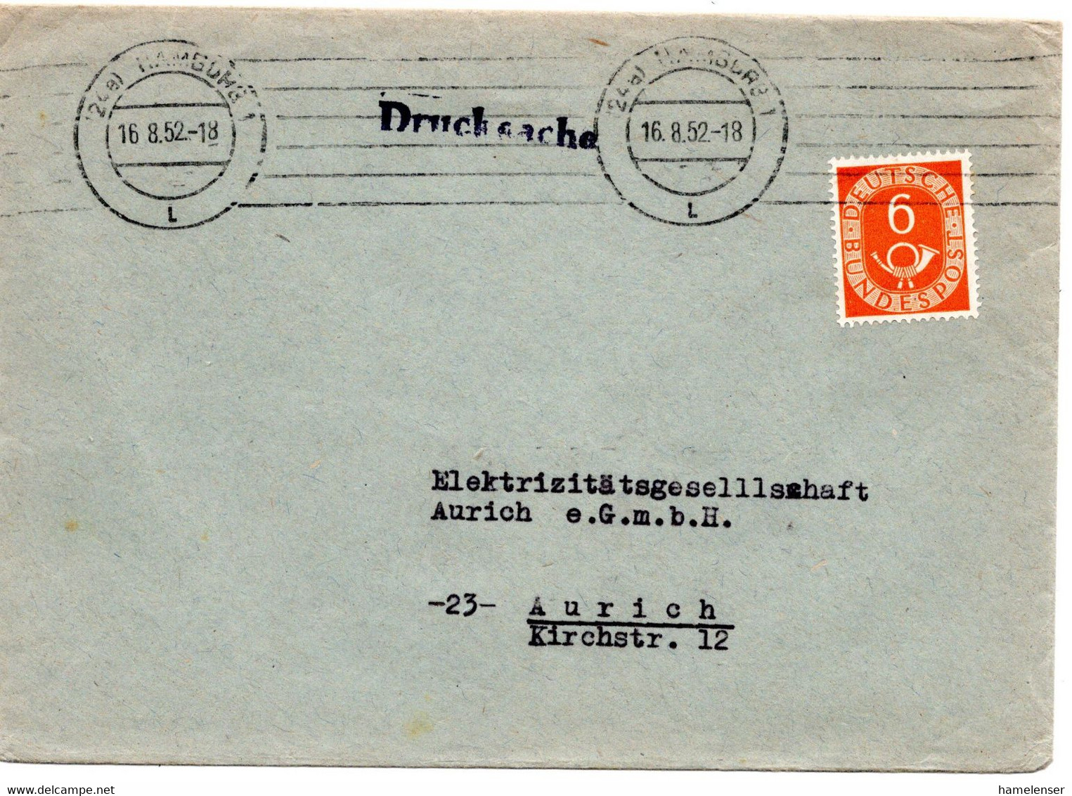 55428 - Bund - 1952 - 6Pfg. Posthorn EF A. DrucksBf HAMBURG -> Aurich - Covers & Documents