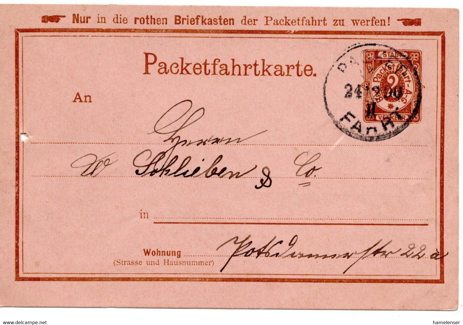55430 - Deutsches Reich / Berliner Packetfahrt - 1896 - 2Pfg. GAKte. PACKET FAHRT - Private & Local Mails