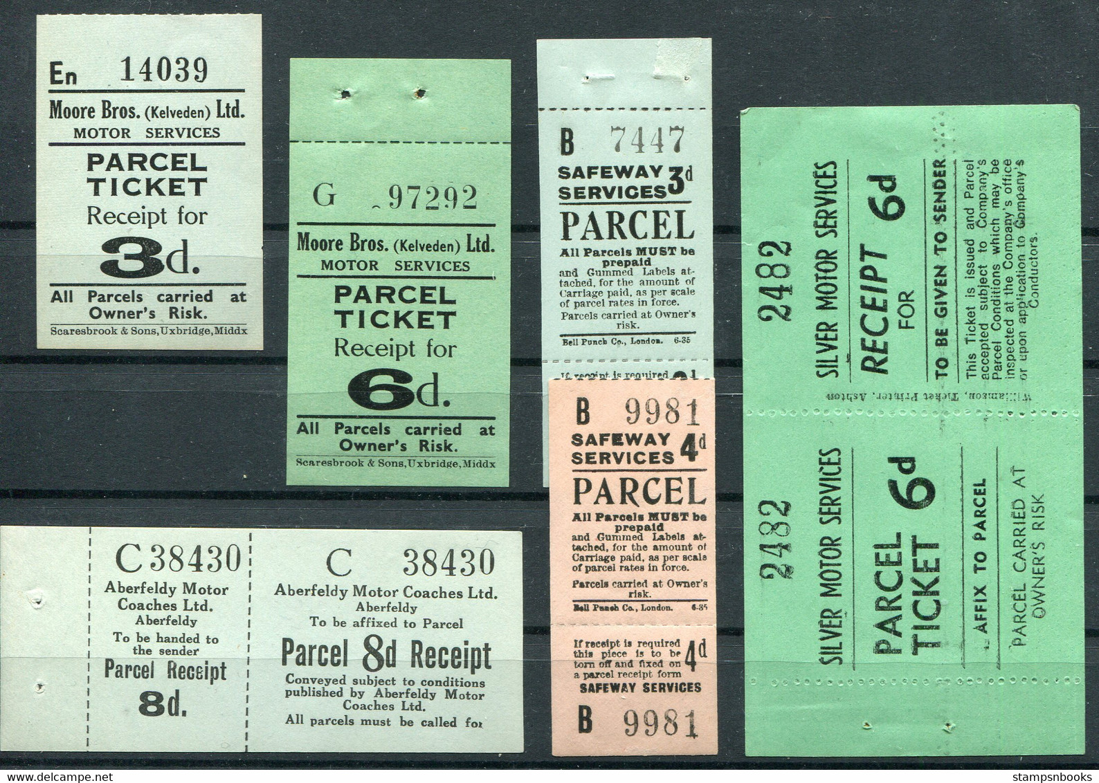 GB X 8 Mint Bus Post Parcel Tickets / Receipts. Safeway Services, Moore Bros. Kelveden, Aberfeldy Motor Coaches, Silver - Cinderella