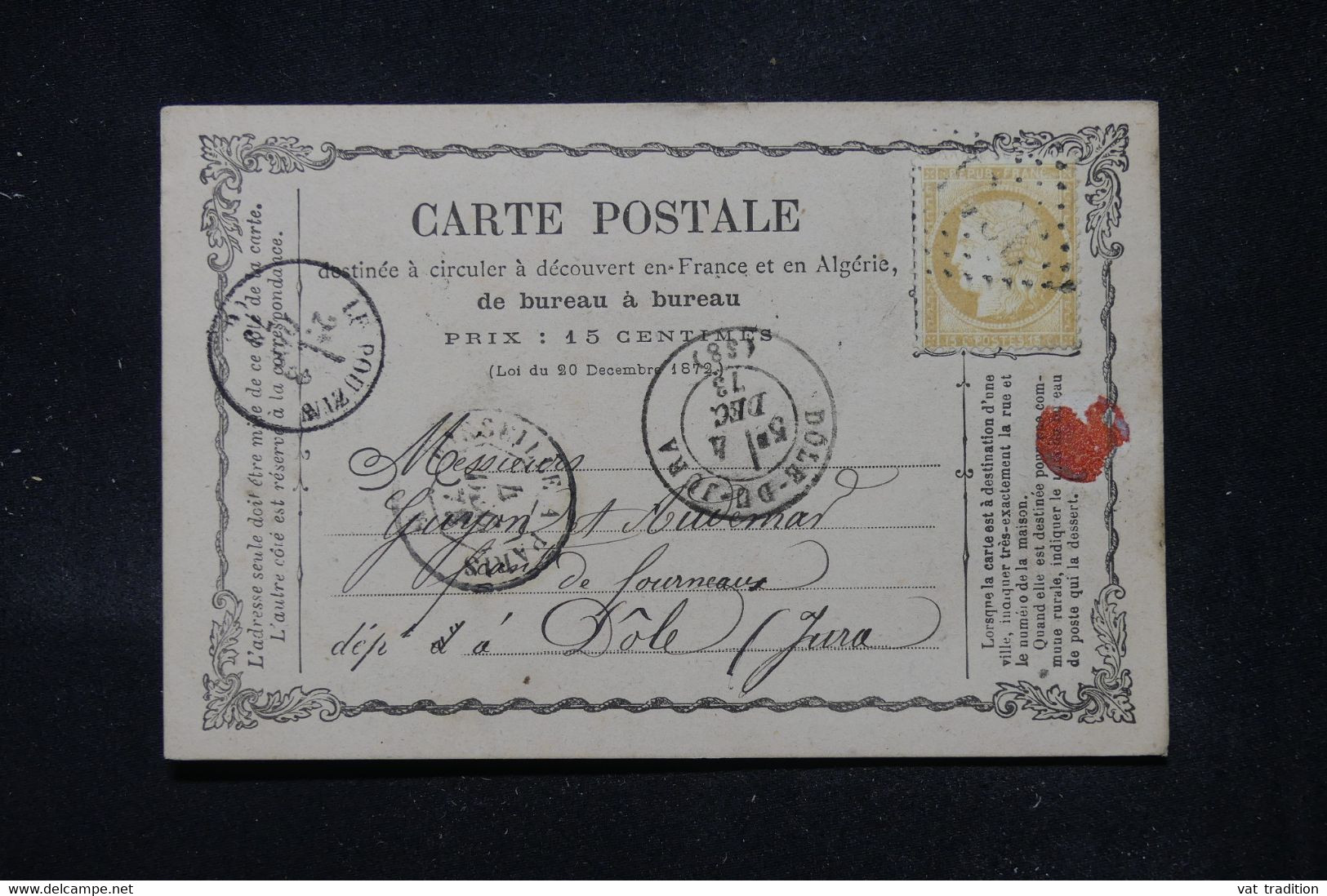 FRANCE - Carte Précurseur De Le Pouzin Pour Dôle En 1873, Affranchissement Cérès 15ct , GC 3011 - L 111194 - Vorläufer