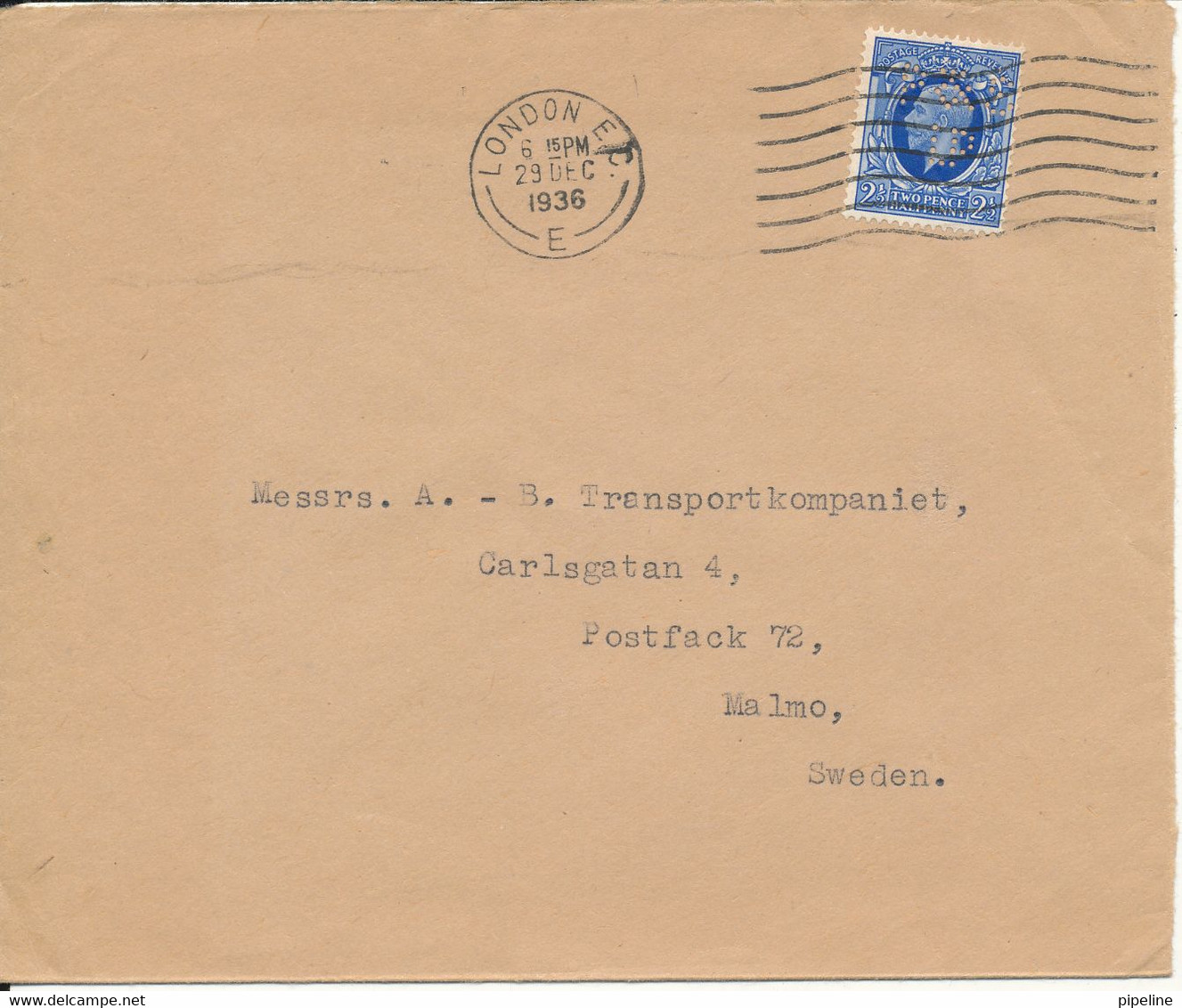 Great Britain Cover Sent To Sweden London 29-12-1936 With PERFIN (P&S Ld.) Pitt & Scott Ltd. - Briefe U. Dokumente