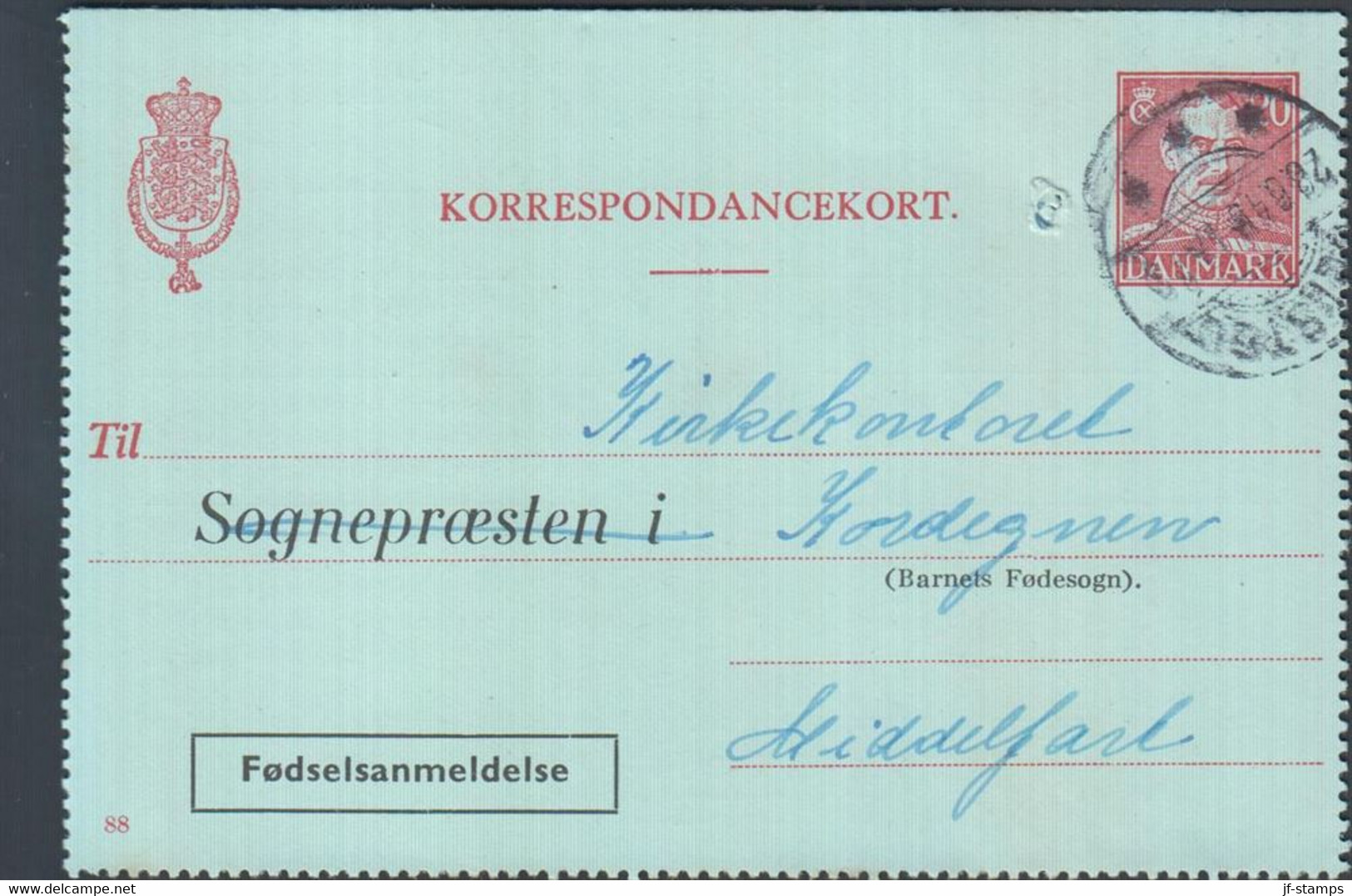 1949. DANMARK KORRESPONDANCEKORT Christian X 20 øre Print 88 Til  Kirkekontoret, Kordegnen I Middelfart. F... - JF425371 - Interi Postali