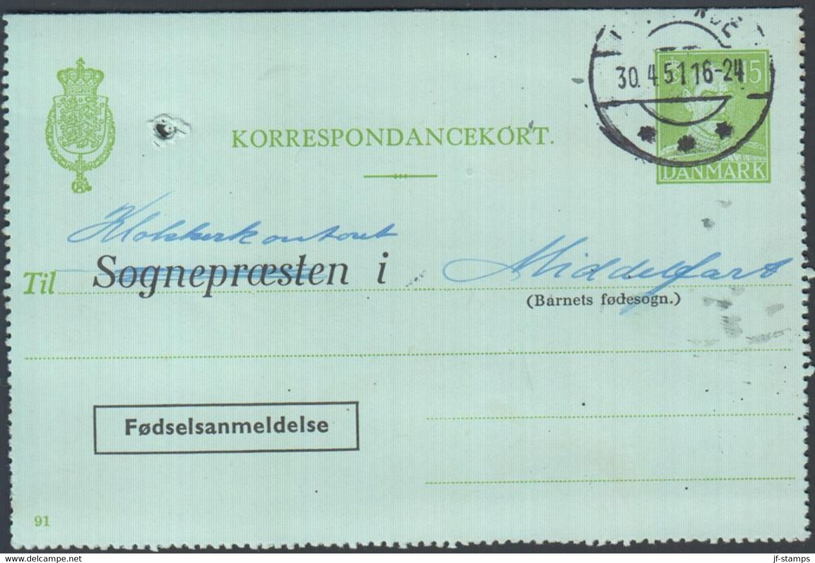 1951. DANMARK KORRESPONDANCEKORT Christian X 15 øre Print 91 Til  Klokkerkontoret I Middelfart. Fødselsanm... - JF425373 - Interi Postali