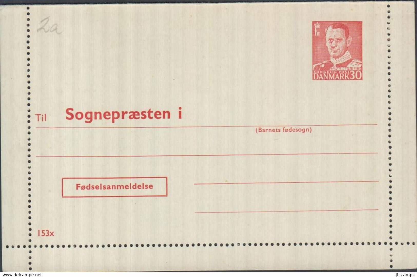 1957. DANMARK SUNDHEDSSTYRELSEN. Til Sognepræsten I. Fødselsanmeldelse 30 øre Frederik IX Print 153x.
 - JF425374 - Interi Postali