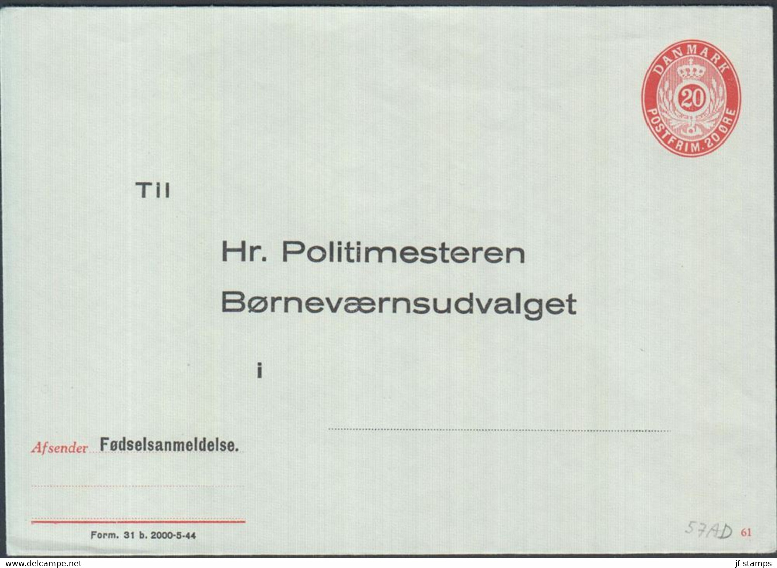 1951. DANMARK. 20 ØRE ENVELOPE Fødselsanmeldelse. Til Hr. Politimesteren Børneværnsudvalget I.... Print Nu... - JF425378 - Interi Postali