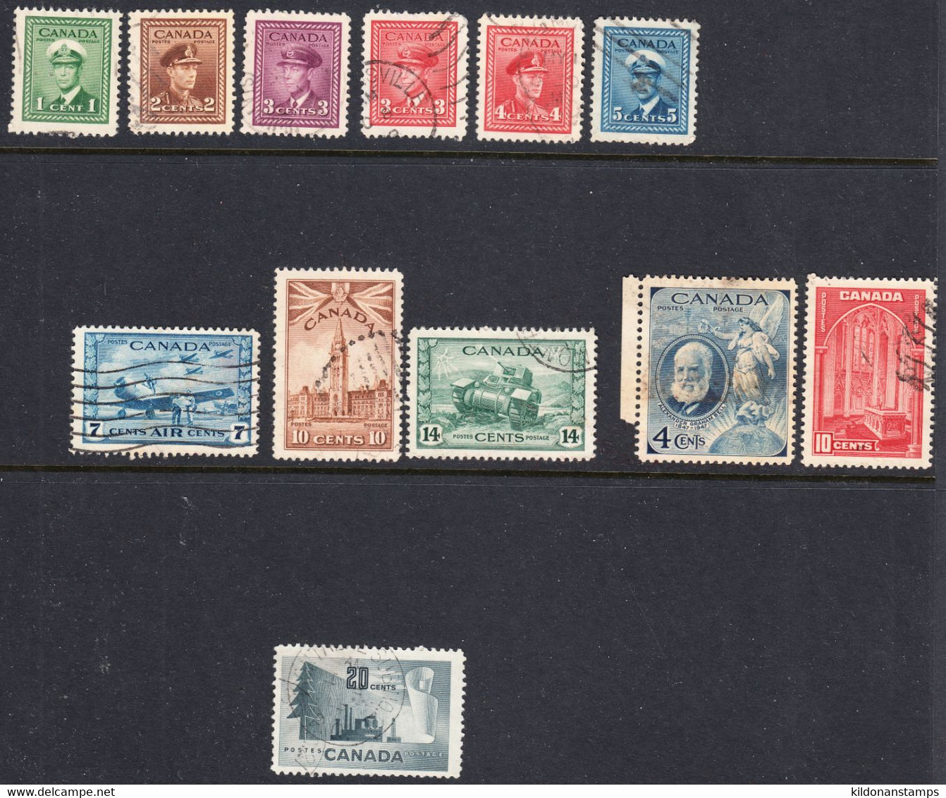 Canada 1937-47 Cancelled, Sc# ,SG 363,375-378,380-381,383,385,400,408,441 - Used Stamps