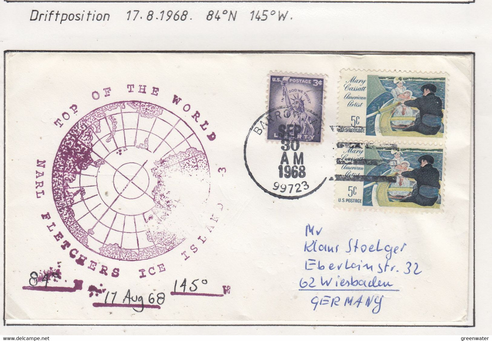 USA Driftstation ICE-ISLAND T-3 Cover Ca Fletcher's Ice Island T-3 Periode 4 Ca  DEC 2 1968 (DR127A) - Scientific Stations & Arctic Drifting Stations