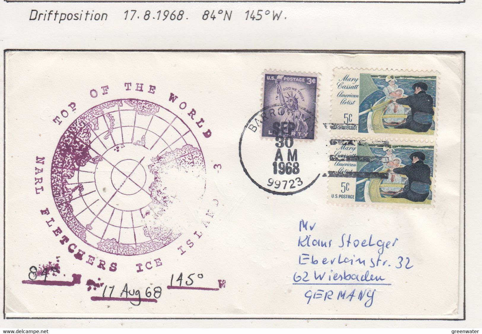 USA Driftstation ICE-ISLAND T-3 Cover Ca Fletcher's Ice Island T-3 Periode 4 Ca  SEP 30 1968 (DR127C) - Scientific Stations & Arctic Drifting Stations