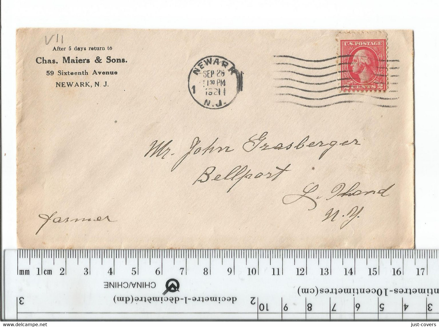 United States Newark NJ To Belport Long Island Sep 26 1921............(Box 9) - Lettres & Documents