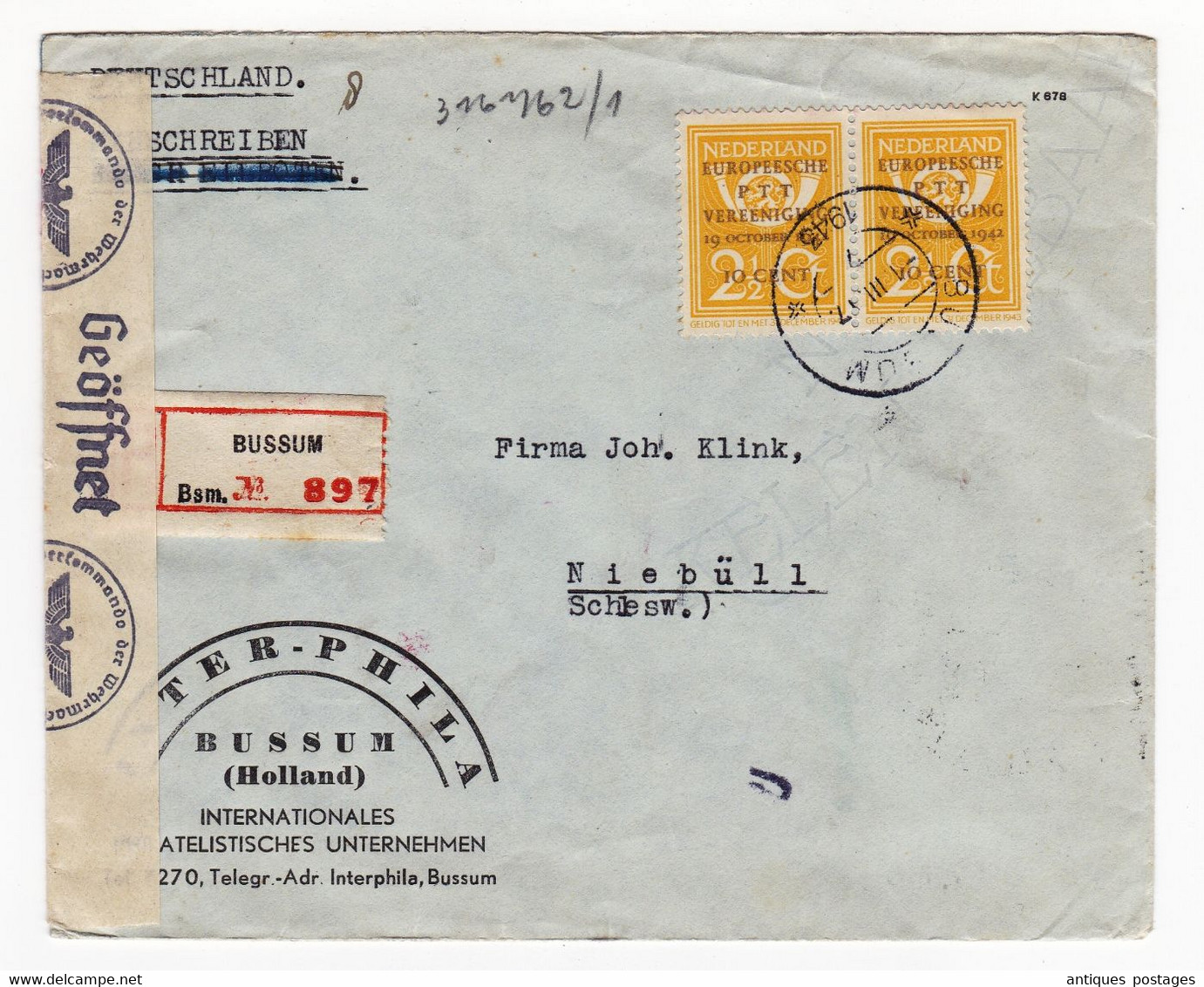 Registered Bussum 1943 Nederland Inter Phila Niebüll Schleswig-Holstein Censor WW2 Europese P.T.T. Vereniging - Poststempel